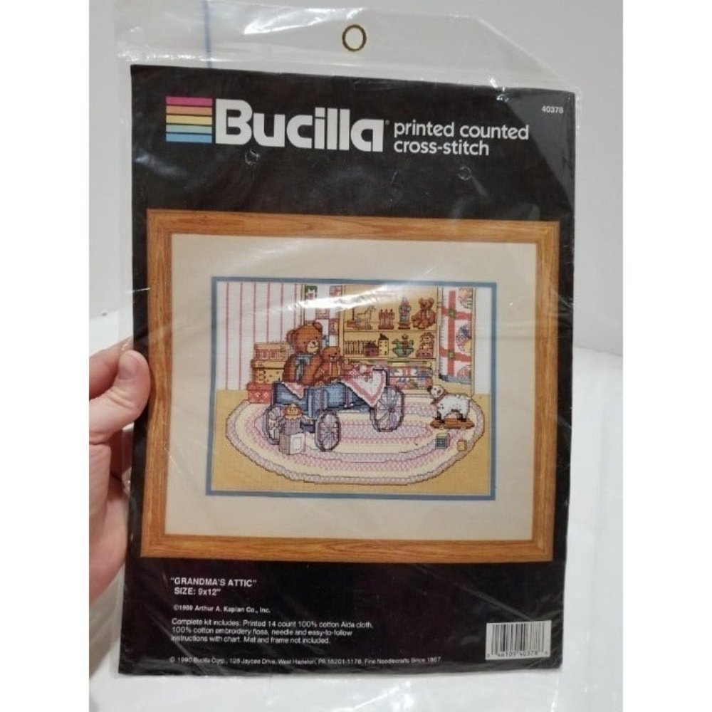 NIP Vintage Bucilla Printed Cross Stitch‎ Kit "Grandma's Attic" 40378